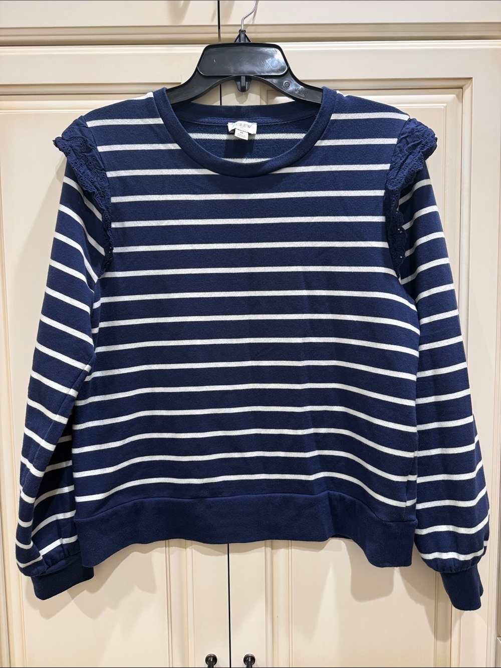 Navy & White Striped Lace-Shoulder Pullover